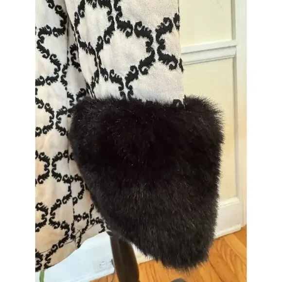 Tyler Boe Black Cream Fur Sleeves Dress Tunic Dress Stunning Mod 60s MIDI Size L - Picture 6 of 16